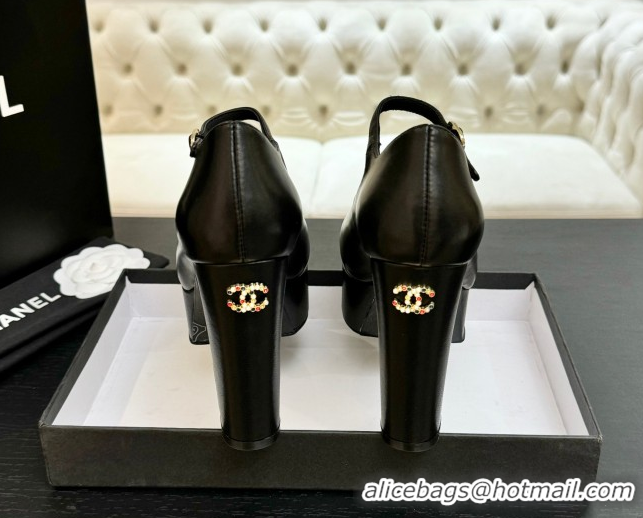 Low Cost Chanel Calfskin & Grosgrain Platform Mary Janes Pumps 11cm with Strass Buckle Black 2025 G46434