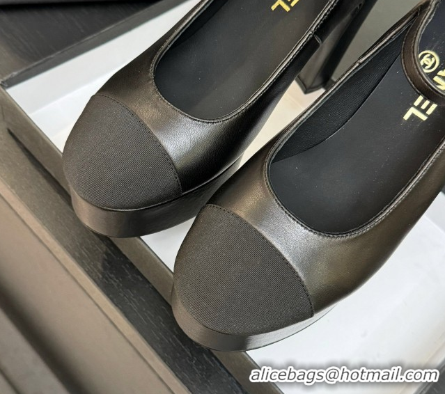 Low Cost Chanel Calfskin & Grosgrain Platform Mary Janes Pumps 11cm with Strass Buckle Black 2025 G46434