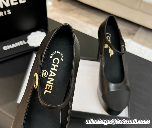 Low Cost Chanel Calfskin & Grosgrain Platform Mary Janes Pumps 11cm with Strass Buckle Black 2025 G46434