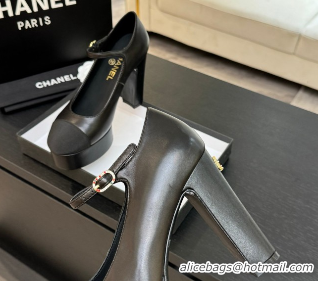 Low Cost Chanel Calfskin & Grosgrain Platform Mary Janes Pumps 11cm with Strass Buckle Black 2025 G46434