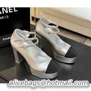 Shop Duplicate Chanel Laminated Leather & Grosgrain Platform Mary Janes Pumps 11cm with Double Buckle Silver 2025 G46433