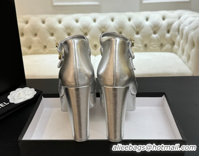 Shop Duplicate Chanel Laminated Leather & Grosgrain Platform Mary Janes Pumps 11cm with Double Buckle Silver 2025 G46433