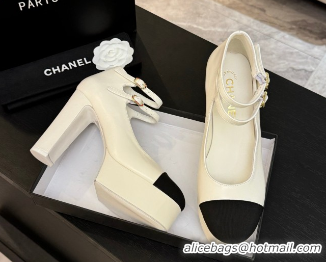 Buy Luxury Chanel Calfskin & Grosgrain Platform Mary Janes Pumps 11cm with Double Buckle White 2025 G46433