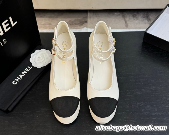 Buy Luxury Chanel Calfskin & Grosgrain Platform Mary Janes Pumps 11cm with Double Buckle White 2025 G46433