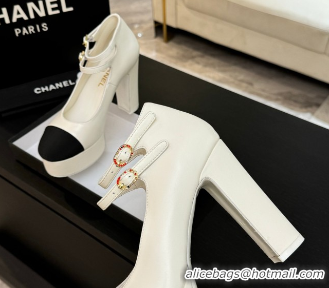 Buy Luxury Chanel Calfskin & Grosgrain Platform Mary Janes Pumps 11cm with Double Buckle White 2025 G46433