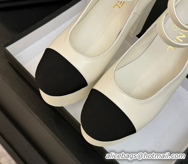 Buy Luxury Chanel Calfskin & Grosgrain Platform Mary Janes Pumps 11cm with Double Buckle White 2025 G46433
