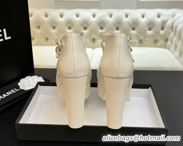 Buy Luxury Chanel Calfskin & Grosgrain Platform Mary Janes Pumps 11cm with Double Buckle White 2025 G46433