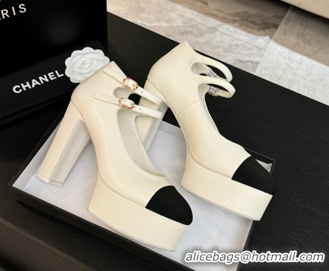 Buy Luxury Chanel Calfskin & Grosgrain Platform Mary Janes Pumps 11cm with Double Buckle White 2025 G46433
