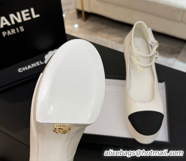 Buy Luxury Chanel Calfskin & Grosgrain Platform Mary Janes Pumps 11cm with Double Buckle White 2025 G46433