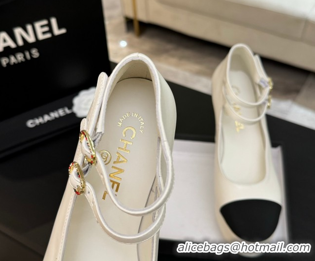 Buy Luxury Chanel Calfskin & Grosgrain Platform Mary Janes Pumps 11cm with Double Buckle White 2025 G46433