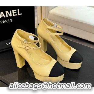 Pretty Style Chanel Calfskin & Grosgrain Platform Mary Janes Pumps 11cm with Double Buckle Yellow 2025 G46433