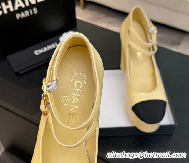 Pretty Style Chanel Calfskin & Grosgrain Platform Mary Janes Pumps 11cm with Double Buckle Yellow 2025 G46433