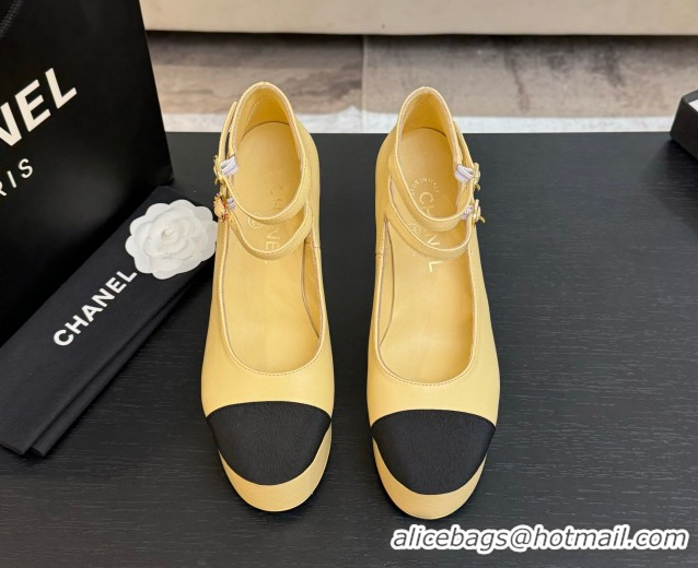 Pretty Style Chanel Calfskin & Grosgrain Platform Mary Janes Pumps 11cm with Double Buckle Yellow 2025 G46433