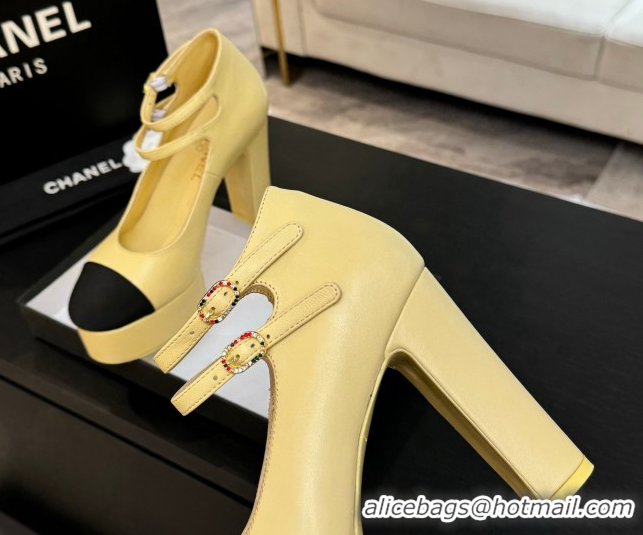 Pretty Style Chanel Calfskin & Grosgrain Platform Mary Janes Pumps 11cm with Double Buckle Yellow 2025 G46433