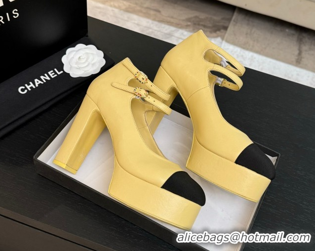 Pretty Style Chanel Calfskin & Grosgrain Platform Mary Janes Pumps 11cm with Double Buckle Yellow 2025 G46433