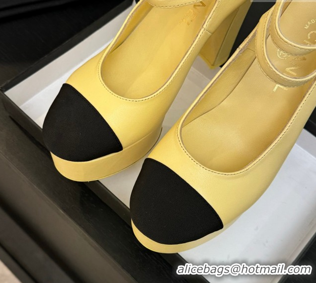 Pretty Style Chanel Calfskin & Grosgrain Platform Mary Janes Pumps 11cm with Double Buckle Yellow 2025 G46433