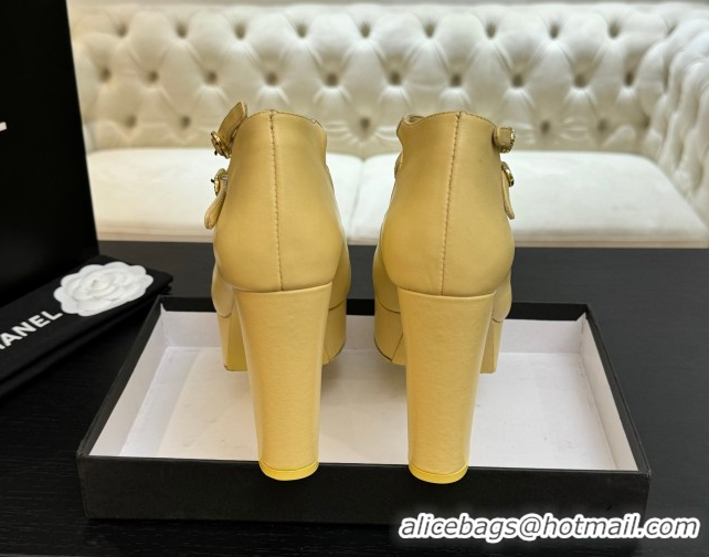 Pretty Style Chanel Calfskin & Grosgrain Platform Mary Janes Pumps 11cm with Double Buckle Yellow 2025 G46433