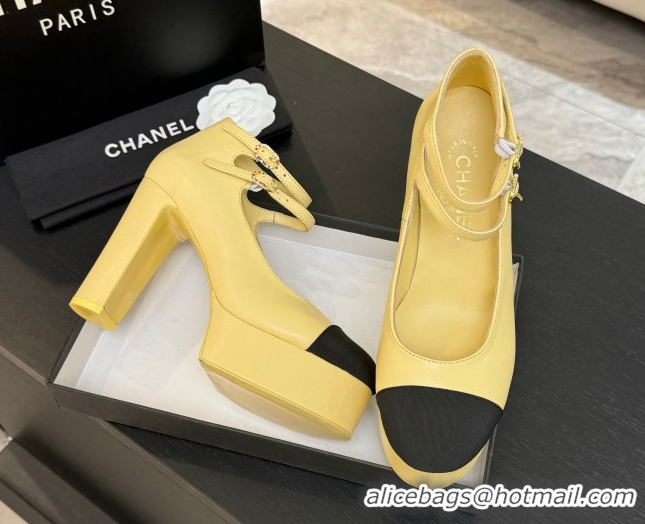 Pretty Style Chanel Calfskin & Grosgrain Platform Mary Janes Pumps 11cm with Double Buckle Yellow 2025 G46433