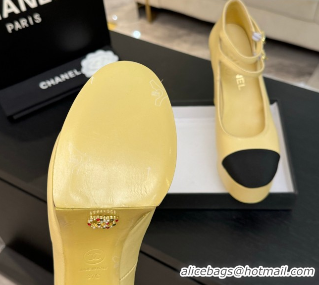 Pretty Style Chanel Calfskin & Grosgrain Platform Mary Janes Pumps 11cm with Double Buckle Yellow 2025 G46433