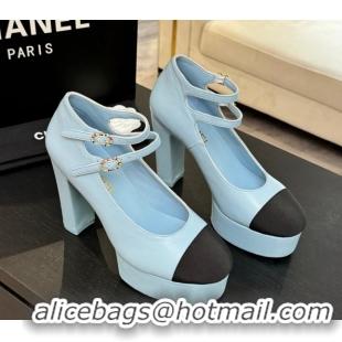 Classic Hot Chanel Calfskin & Grosgrain Platform Mary Janes Pumps 11cm with Double Buckle Light Blue 2025 G46433