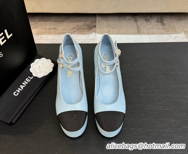 Classic Hot Chanel Calfskin & Grosgrain Platform Mary Janes Pumps 11cm with Double Buckle Light Blue 2025 G46433