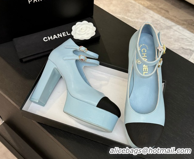 Classic Hot Chanel Calfskin & Grosgrain Platform Mary Janes Pumps 11cm with Double Buckle Light Blue 2025 G46433