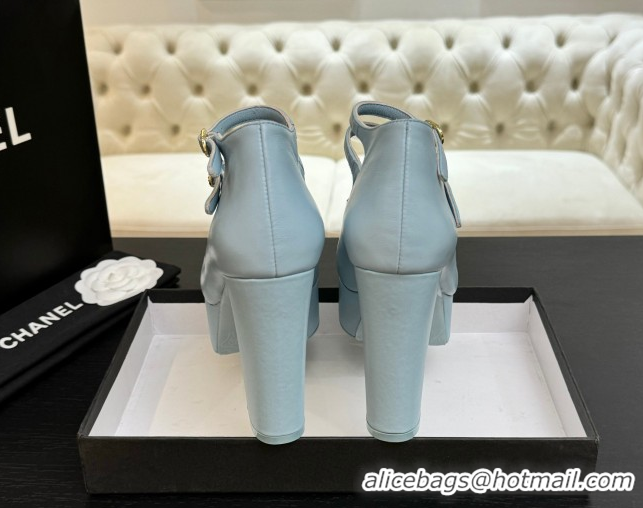 Classic Hot Chanel Calfskin & Grosgrain Platform Mary Janes Pumps 11cm with Double Buckle Light Blue 2025 G46433