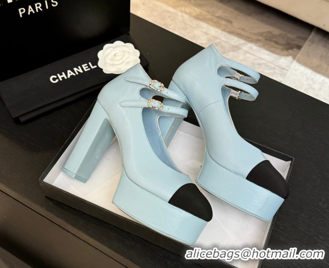 Classic Hot Chanel Calfskin & Grosgrain Platform Mary Janes Pumps 11cm with Double Buckle Light Blue 2025 G46433