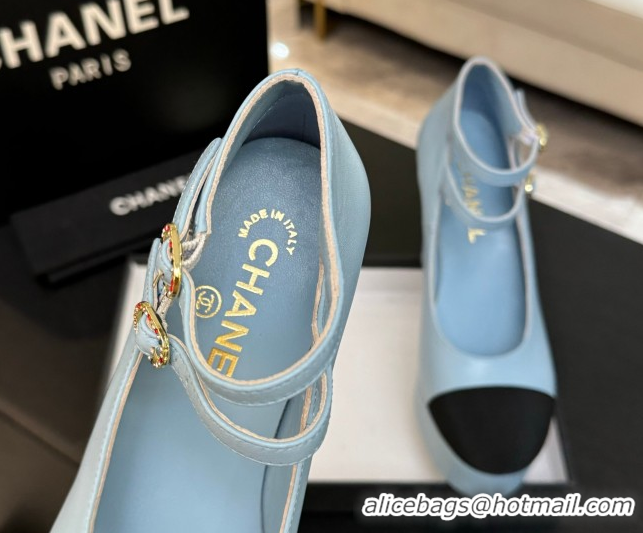 Classic Hot Chanel Calfskin & Grosgrain Platform Mary Janes Pumps 11cm with Double Buckle Light Blue 2025 G46433