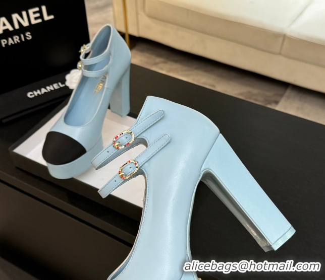 Classic Hot Chanel Calfskin & Grosgrain Platform Mary Janes Pumps 11cm with Double Buckle Light Blue 2025 G46433