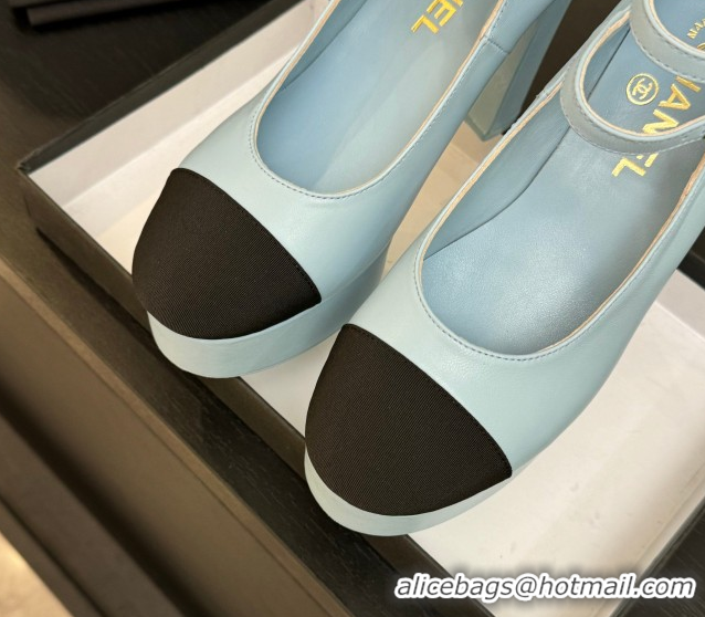 Classic Hot Chanel Calfskin & Grosgrain Platform Mary Janes Pumps 11cm with Double Buckle Light Blue 2025 G46433