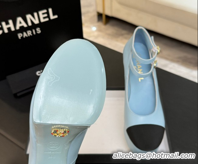 Classic Hot Chanel Calfskin & Grosgrain Platform Mary Janes Pumps 11cm with Double Buckle Light Blue 2025 G46433