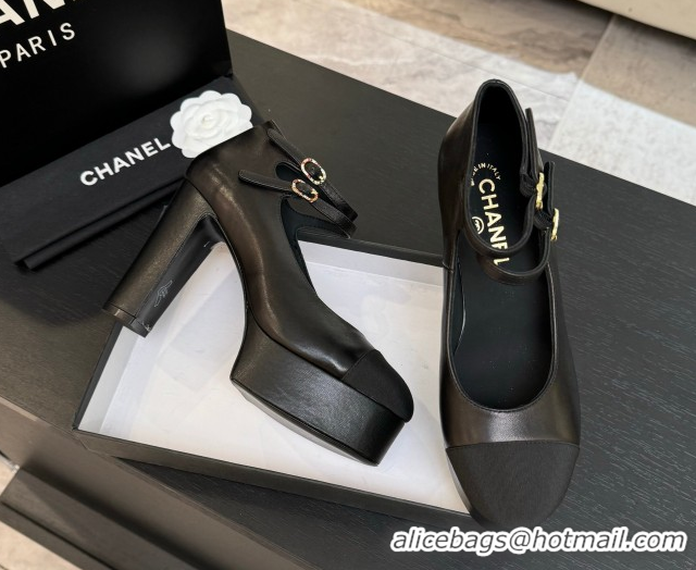 Good Quality Chanel Calfskin & Grosgrain Platform Mary Janes Pumps 11cm with Double Buckle Black 2025 G46433
