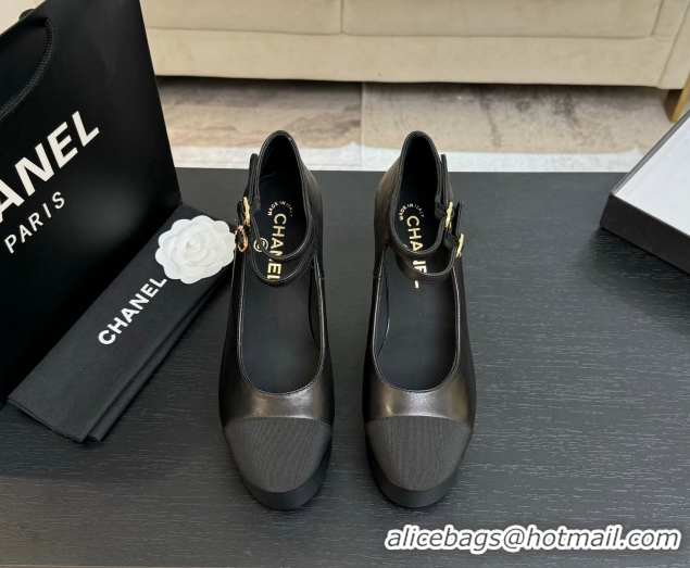 Good Quality Chanel Calfskin & Grosgrain Platform Mary Janes Pumps 11cm with Double Buckle Black 2025 G46433