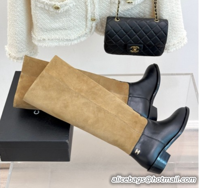 Best Product Chanel Suede and Black Calfskin High Boots Brown 2025 CH071515