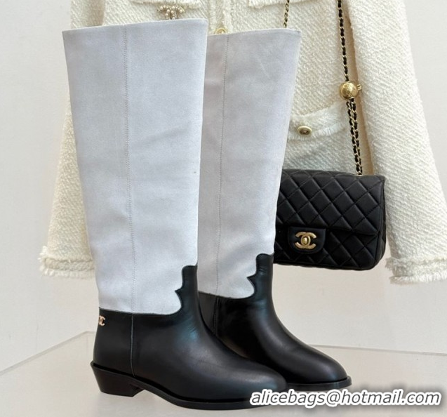 Good Looking Chanel Suede and Black Calfskin High Boots Pale Grey 2025 CH071515