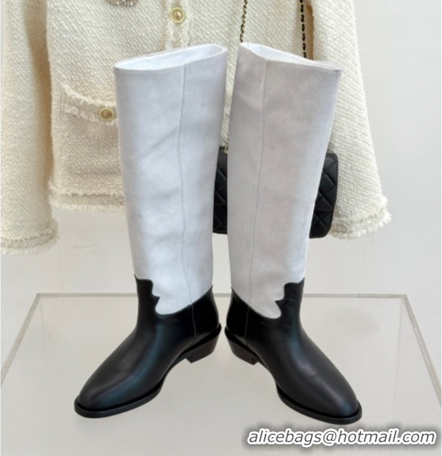 Good Looking Chanel Suede and Black Calfskin High Boots Pale Grey 2025 CH071515