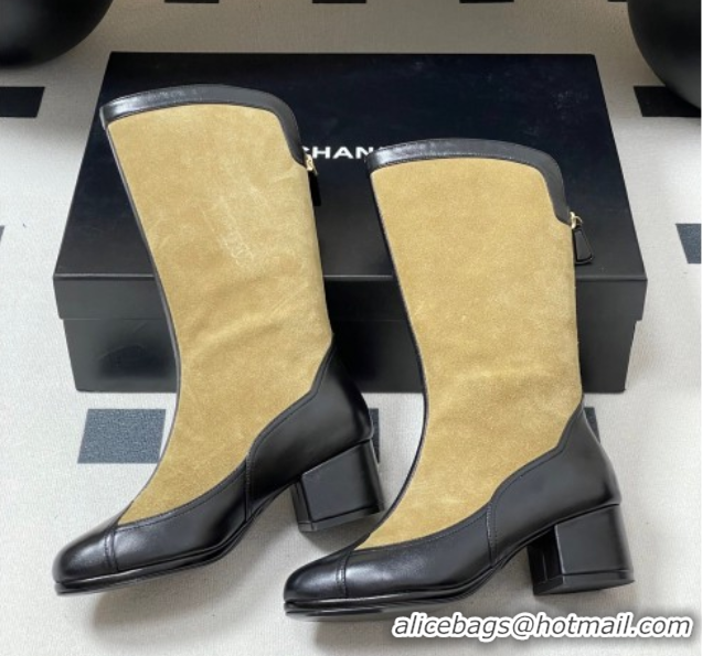 Luxurious Chanel Suede & Lambskin Heel High Boots 5cm Beige 2025 G46591
