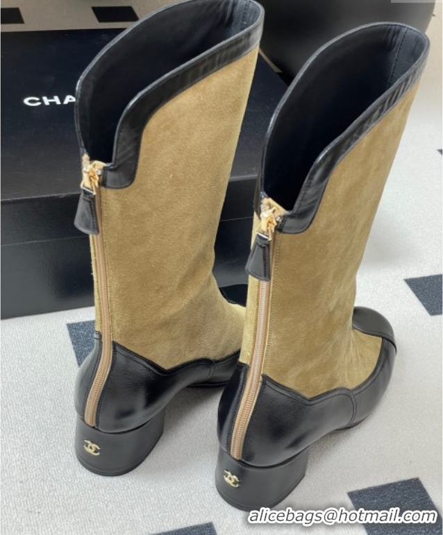 Luxurious Chanel Suede & Lambskin Heel High Boots 5cm Beige 2025 G46591