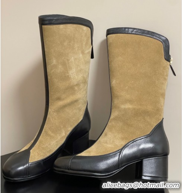 Luxurious Chanel Suede & Lambskin Heel High Boots 5cm Beige 2025 G46591