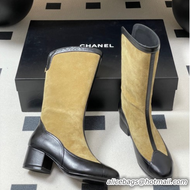 Luxurious Chanel Suede & Lambskin Heel High Boots 5cm Beige 2025 G46591