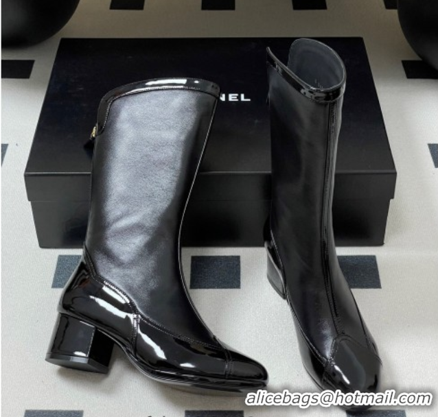 Grade Quality Chanel Patent Calfskin & Lambskin Heel High Boots 5cm Black 2025 G46591