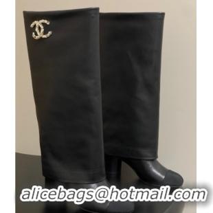 Top Design Chanel Calfskin & Grosgrain Heel High Boots 6cm with Foldover Bootleg Black 2025 CH071516