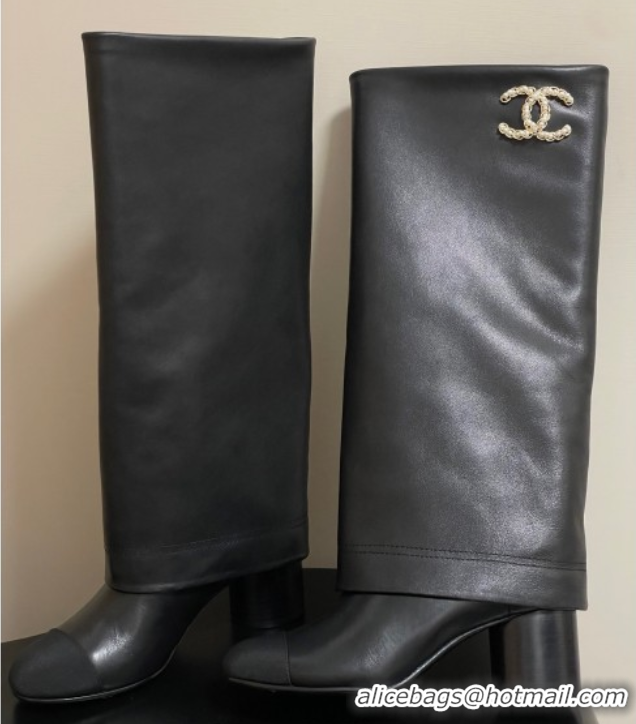 Top Design Chanel Calfskin & Grosgrain Heel High Boots 6cm with Foldover Bootleg Black 2025 CH071516