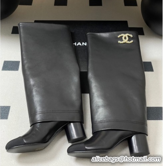 Top Design Chanel Calfskin & Grosgrain Heel High Boots 6cm with Foldover Bootleg Black 2025 CH071516