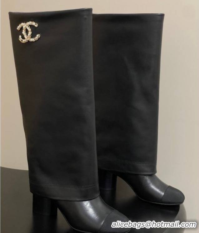 Top Design Chanel Calfskin & Grosgrain Heel High Boots 6cm with Foldover Bootleg Black 2025 CH071516
