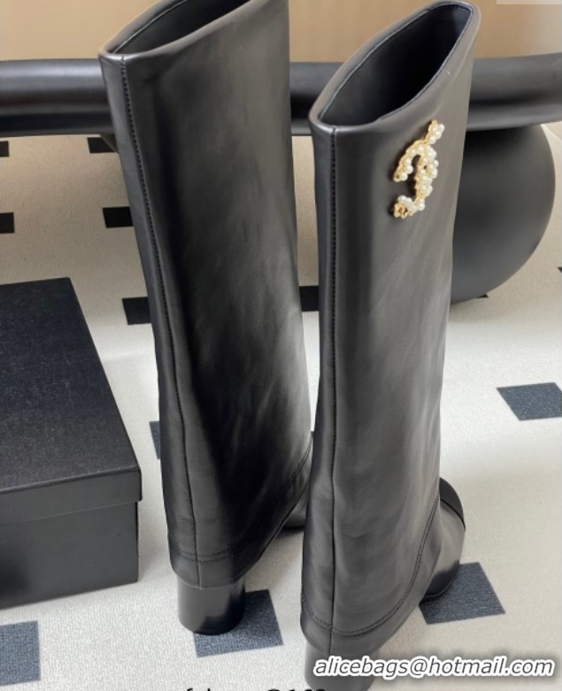 Top Design Chanel Calfskin & Grosgrain Heel High Boots 6cm with Foldover Bootleg Black 2025 CH071516
