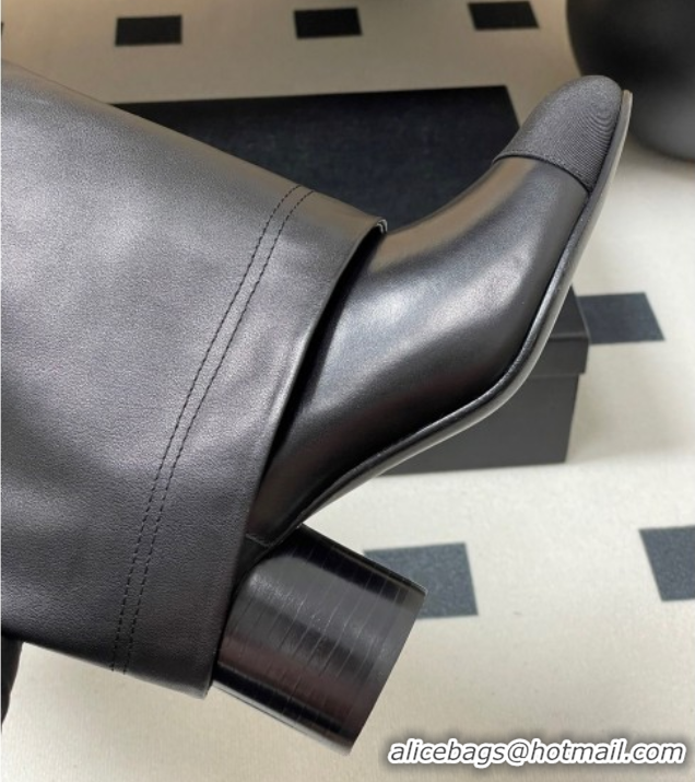 Top Design Chanel Calfskin & Grosgrain Heel High Boots 6cm with Foldover Bootleg Black 2025 CH071516