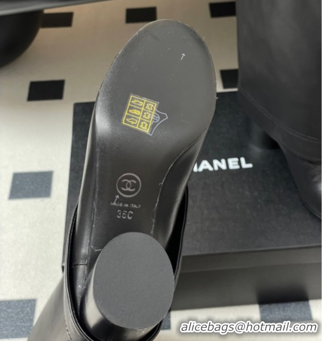Top Design Chanel Calfskin & Grosgrain Heel High Boots 6cm with Foldover Bootleg Black 2025 CH071516