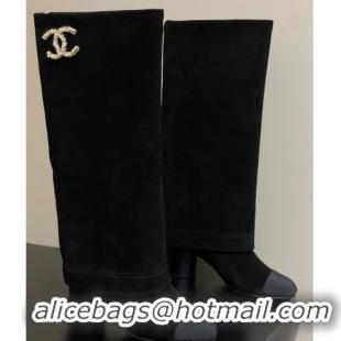 Good Product Chanel Suede & Grosgrain Heel High Boots 6cm with Foldover Bootleg Black 2025 CH071516